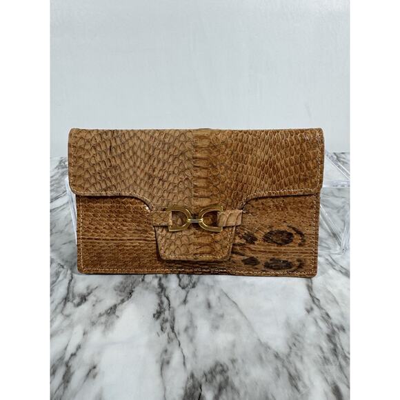 Vintage Handbags - Vintage 60s Python Snakeskin Wallet Brown Leather Bi Fold Folio Style Gold Tone
